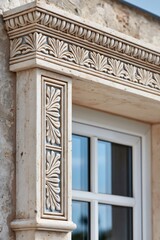 Obraz premium Ornate travertine window frame with classical palmette carving