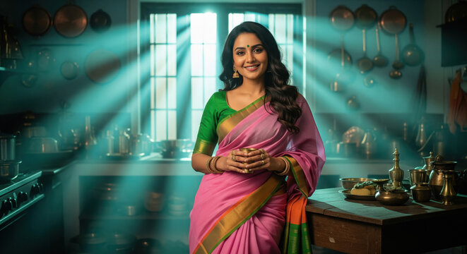 young beautiful indian woman wearing traditional sari and jwelery
