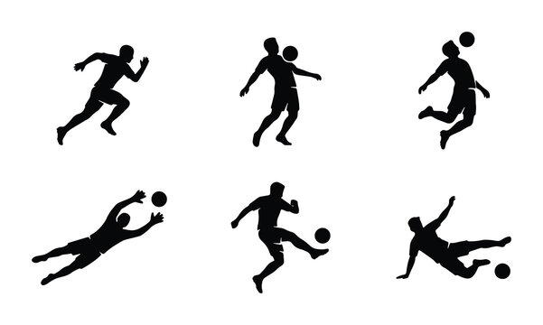 vector set of black and white sports icons featuring six players in various dynamic poses related to soccer suitable