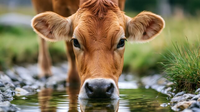 Brown cow drinking fresh mountain water from stream
