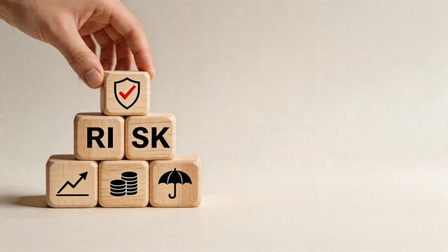Business man hand stacking wooden building blocks to form word Risk with shield symbol check mark icon on top cube representing security protection and management strategy