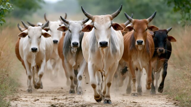 Herd of zebu cattle running on dusty track