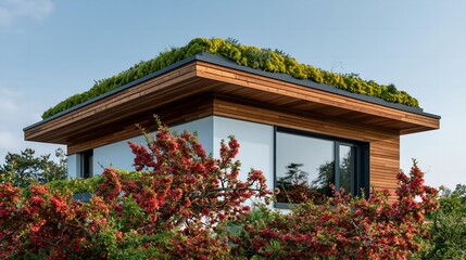 Fototapeta premium Modern eco-house with green roof and wooden beams.
