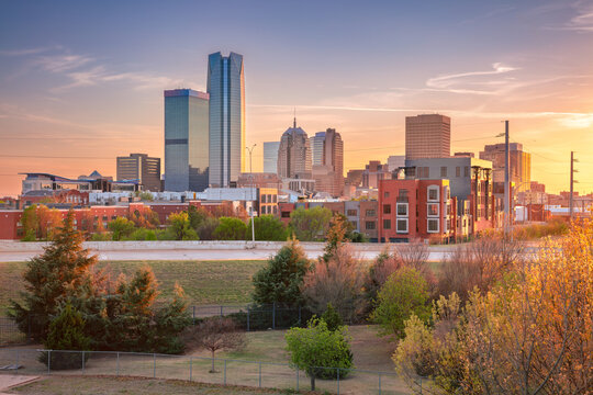 Oklahoma City, Oklahoma, USA. Aerial cityscape image of Oklahoma City skyline at sunset golden hour.