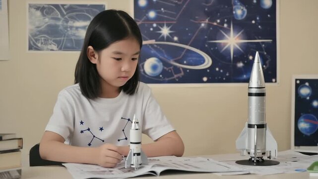 little girl studying instructions and assembling model rocket learning stem education and space exploration at home
