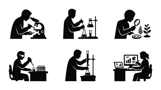 vector set of six scientific researchers performing various experiments and analyzing data