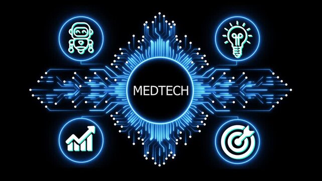 medtech logo on glowing circuit board network, connected business icons for finance, analytics, partnership, growth and innovation on black background