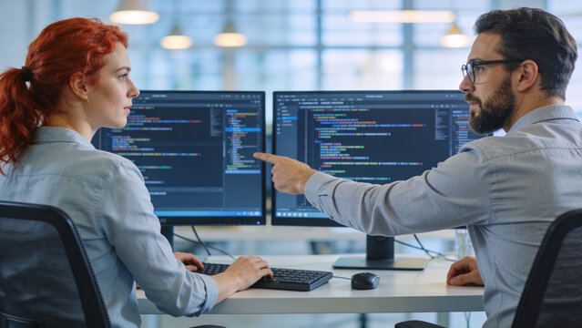 Collaborative Software Developers Analyzing Code on Dual Monitors, Modern Programming Teamwork and Technical Discussion in Bright Office Workspace