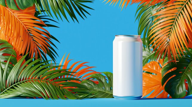 Blank White Can Surrounded by Tropical Palm Leaves and Monstera