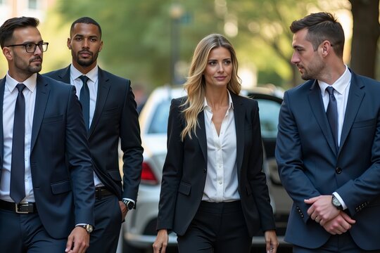 Female businesswoman leads her team of bodyguards to a waiting car, where one opens the door for her.