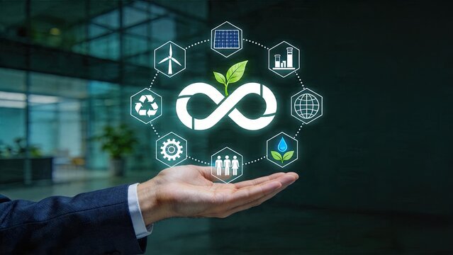 Business man holding sustainability concept with recycling green energy and environmental icons hologram over modern office background for corporate social responsibility goals