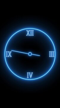 Minimalist glowing neon blue clock face interface with Roman numerals for futuristic time management and digital dashboard design elements