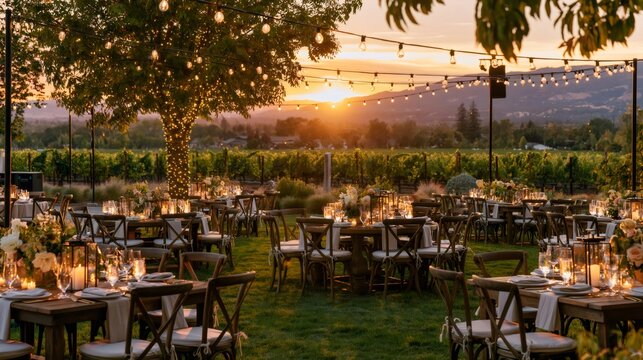 Vineyard wedding reception setting with warm sunset lighting