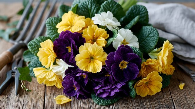 Vibrant primroses in yellow, white, and purple bloom.