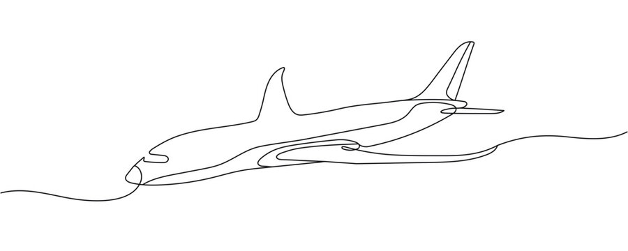 A solid line drawing of a flying airplane. A single-line drawing of an airplane. Vector illustration. Editable line