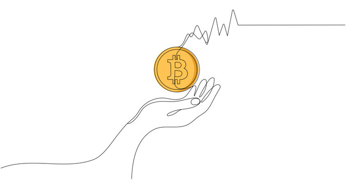 Continuous one line drawing of Hand holding Bitcoin coin vector illustration. Editable outline.