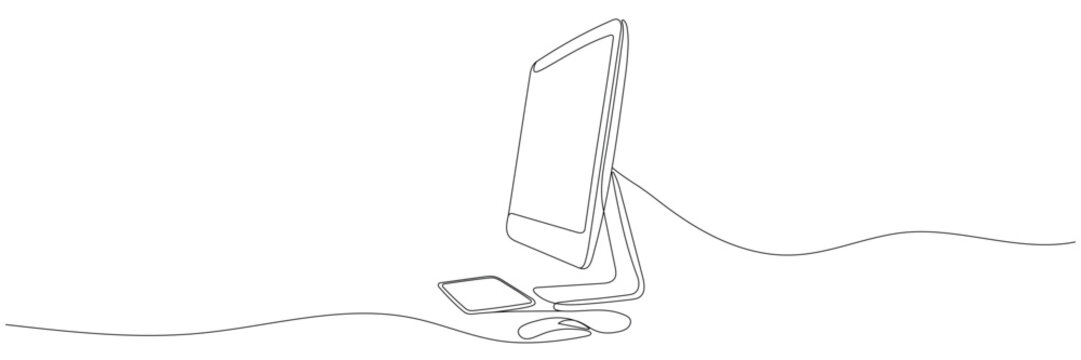 Computer monitor, mouse, vector technology illustration in one continuous line style. Editable line