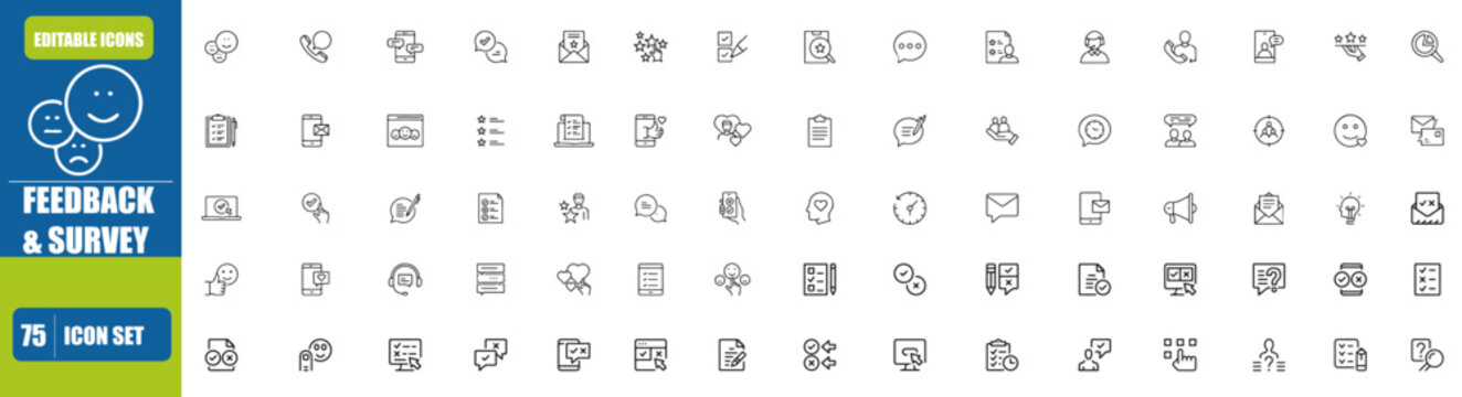 Feedback, testimonial, customer thin line icons. Editable stroke. For website marketing design, logo, app, template, ui, etc. Vector illustration. 