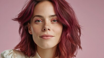 Naklejka premium Young woman with vibrant red hair against soft pink background.
