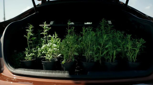 Open trunk of a brown car loaded with potted green plants in a city. Urban gardening and plant transportation concept