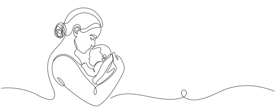 Mother hugging her baby. Vector illustration in single line drawing style "Mother and child", Mother's Day illustration. Editable line