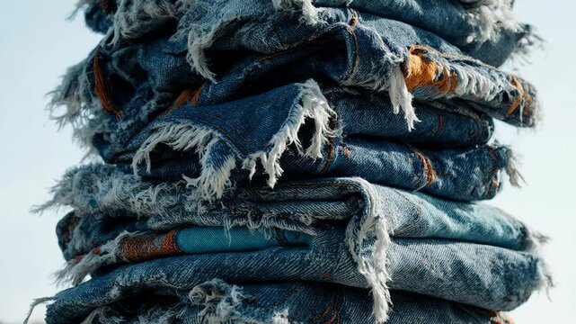 Tall stack of torn and discarded denim jeans against the sky. Textile waste and fast fashion pollution concept