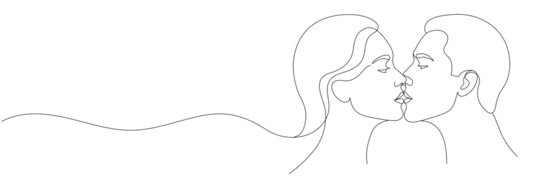 Illustration of couple kissing. One line drawing. Boy and girl kissing in one line style. Vector illustration. Editable line