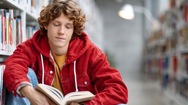 Young man reads book in library.