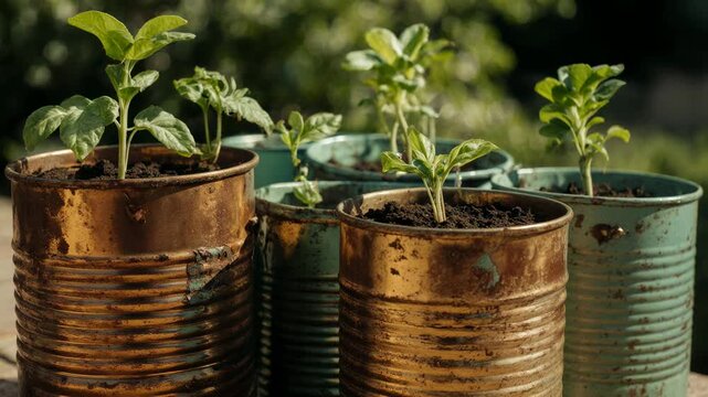 Young green seedlings growing in rusty tin cans. Sustainable gardening and upcycling concept. Close up of plants in recycled metal containers