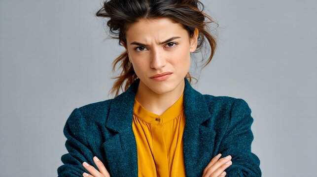 Woman with arms crossed, frowning intensely.