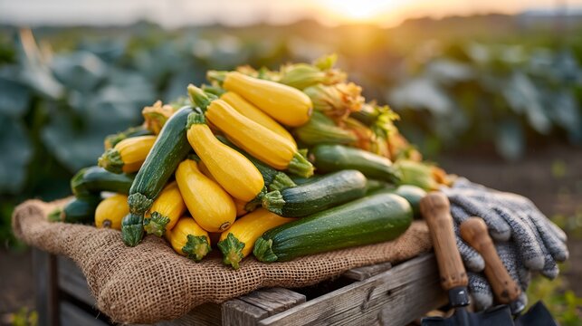 Golden squash and green zucchinis piled on burlap.