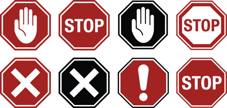 Stop red sign icon with white hand, do not enter warning stop sign stock vector, prohibition traffic symbol collection, safety restriction and access control signage design.