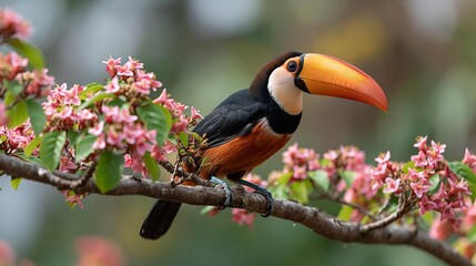 Naklejka premium Toucan perches on blossoming branch.