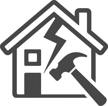 Home repair icon with hammer and cracked house, residential renovation and property maintenance vector, damaged building restoration symbol