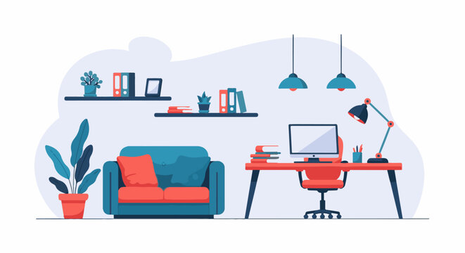 A cozy home office with a desk, computer, lamp, and a comfy sofa
