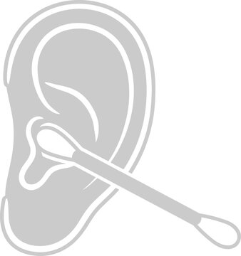 Minimalist ear cleaning icon vector, cotton swab hygiene illustration, grey human ear with q-tip for personal care and medical health infographics
