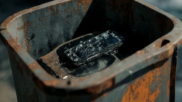 Broken smartphone with a shattered screen in a rusty metal bin. Electronic waste and technology disposal concept. Close-up of damaged mobile phone