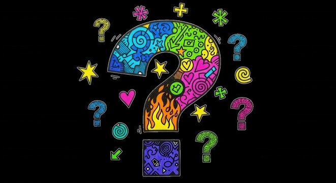 Large question mark filled with colorful doodle patterns, fire, hearts, and stars, surrounded by smaller question marks on a black background