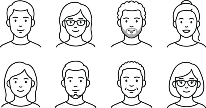 Minimalist line art people avatars, set of 8 diverse character icons, simple outline human faces for profile pictures and user interface design