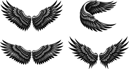 Naklejka premium Engraved Style Black Angel and Demon Wings Vector Set for Gothic Tattoos Rock Band Merchandise and Apparel Graphic Prints
