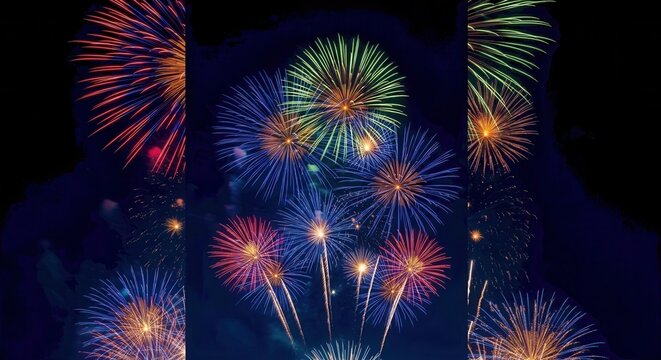 Multicolored fireworks bursting in the night sky with blue, green, red, and yellow light trails against a dark background