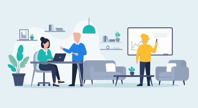 Colleagues collaborate in a modern office space, one at a computer and another at a whiteboard