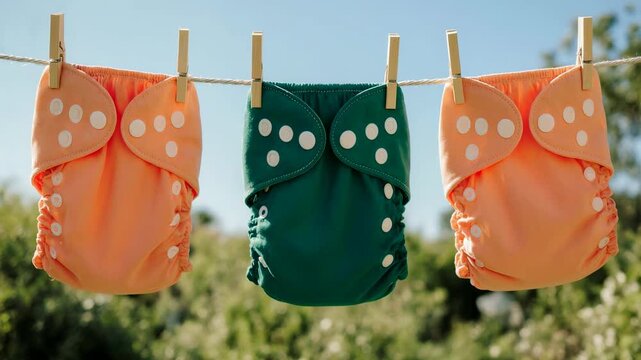 Reusable cloth diapers hanging on a clothesline outdoors. Eco-friendly baby care and zero waste parenting concept. Sustainable laundry drying in the sun