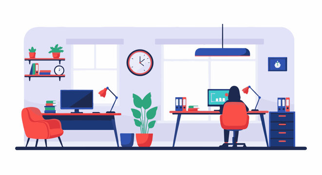 A home office scene with two desks, chairs, computers, and plants