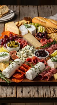 Large gourmet cheese board with salami grapes bread and olives on a rustic wooden table for a party appetizer platter