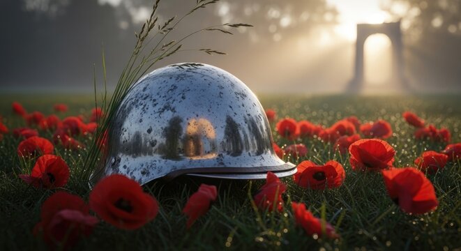 Helmet, aged metal military head protection resting among scarlet poppy blossom in verdant grass pasture, symbolizing global conflict veteran sacrifice, golden light breaking over distant monument.