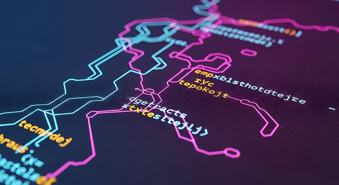 Abstract digital background with glowing circuit board lines and distorted code snippets