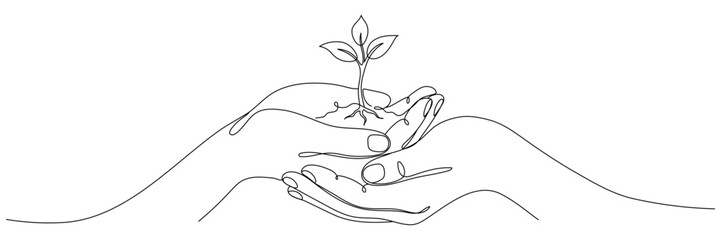 Naklejka premium Solid line drawing of hands holding a sprout. A plant in a human hand, single line drawing. Vector illustration isolated on a white background. Editable outline.