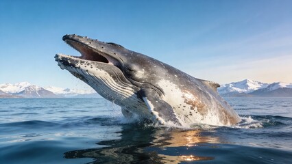 Naklejka premium Two whales jump out of the water in a serene ocean with snowy mountains