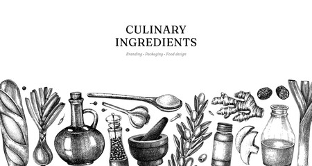 Vintage culinary ingredients banner design in engraving style. Hand drawn vector food background for menu, packaging, branding. NOT AI generated.  © sketched-graphics